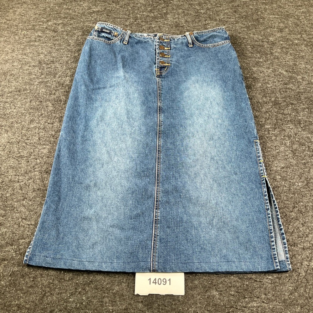 Stephen Hardy Squeeze Midi Skirt Women 11/12 Blue Denim Cotton Side Slit Outdoor